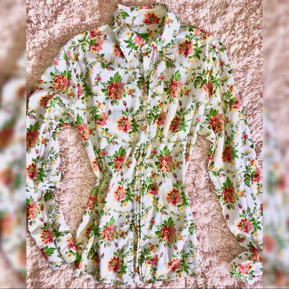 Benetton White Floral Oxford Shirt Top Size: M - Picture 5 of 7